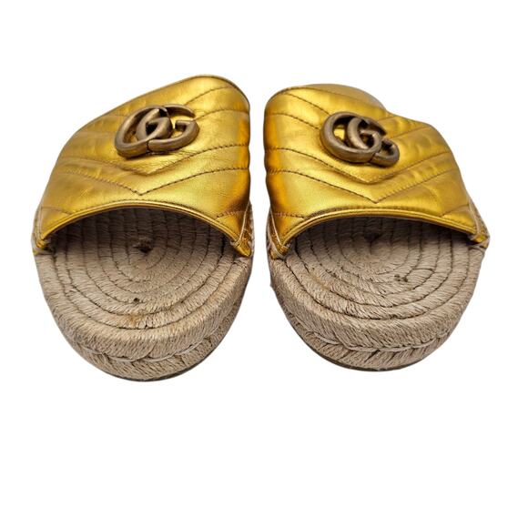 Gucci GG Quilted Leather Espadrille Flat Slide Sandal Size 41 US 11 Gold Leather - Picture 5 of 11